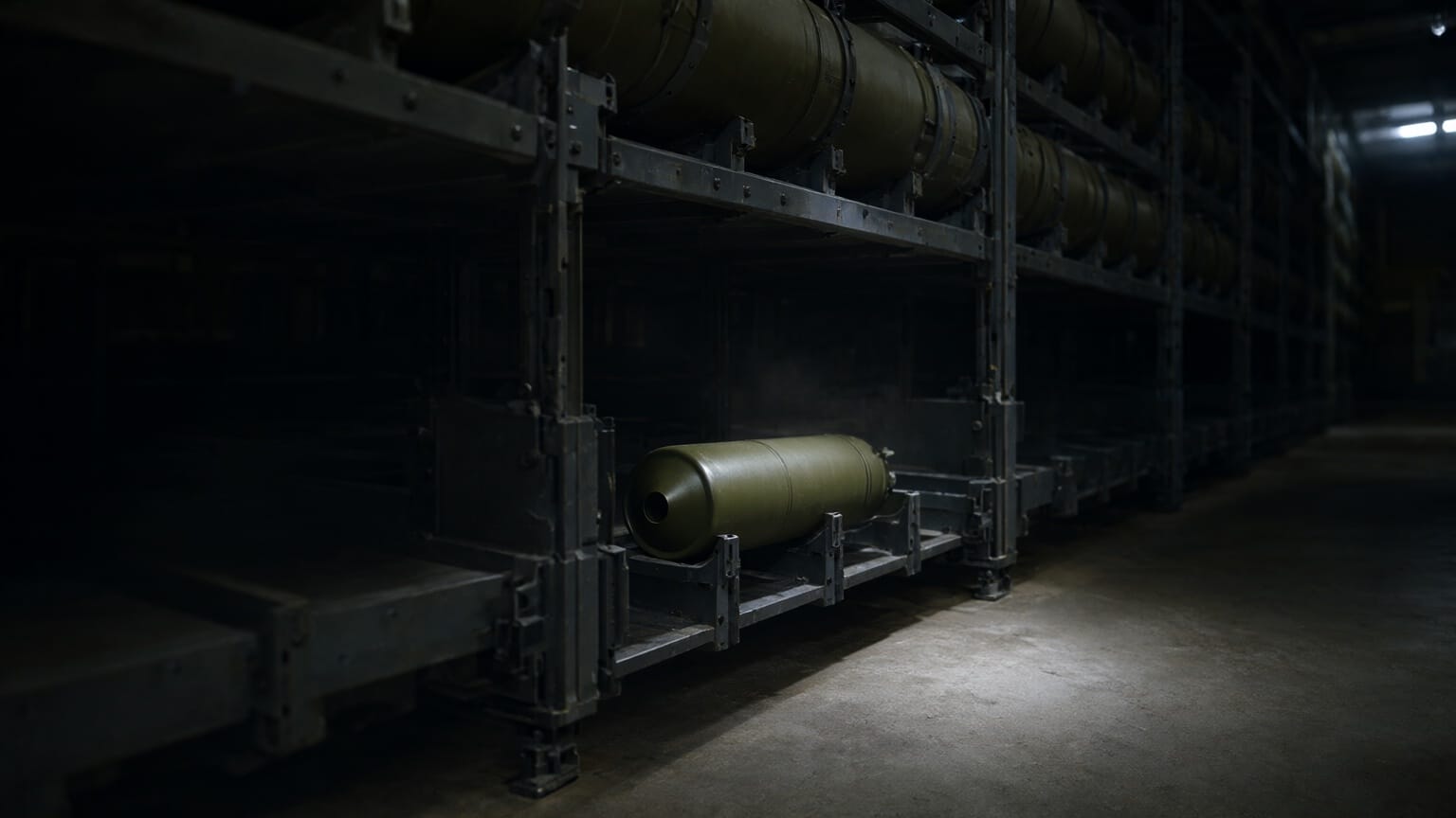AI illustration of a dim military storage hall where a single olive missile canister lies on an empty lower rack beneath stocked upper shelves.