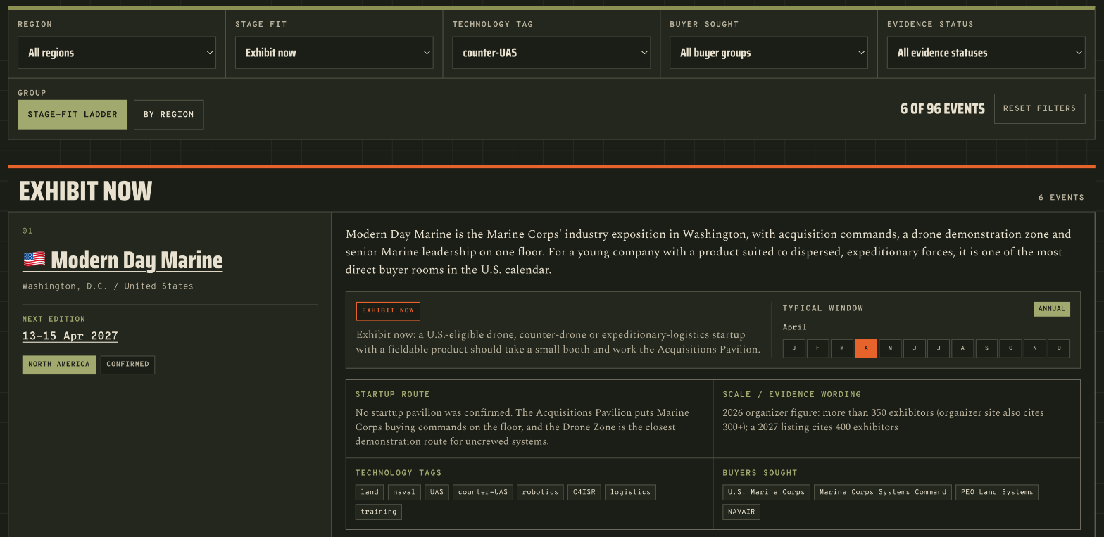Events guide filtered to counter-UAS and Exhibit now, showing 6 of 96 events