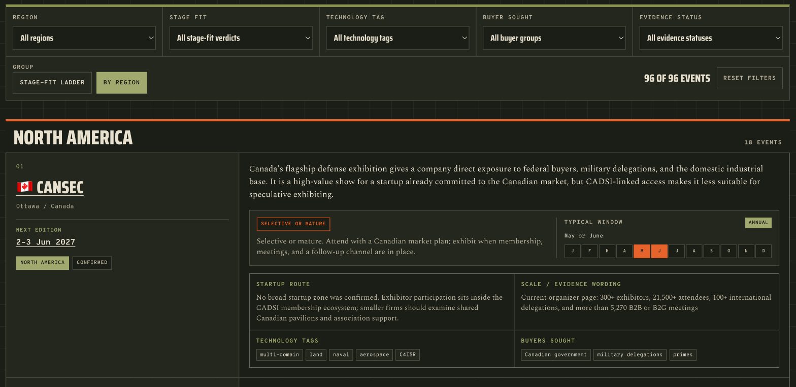 Events guide grouped by region, North America first
