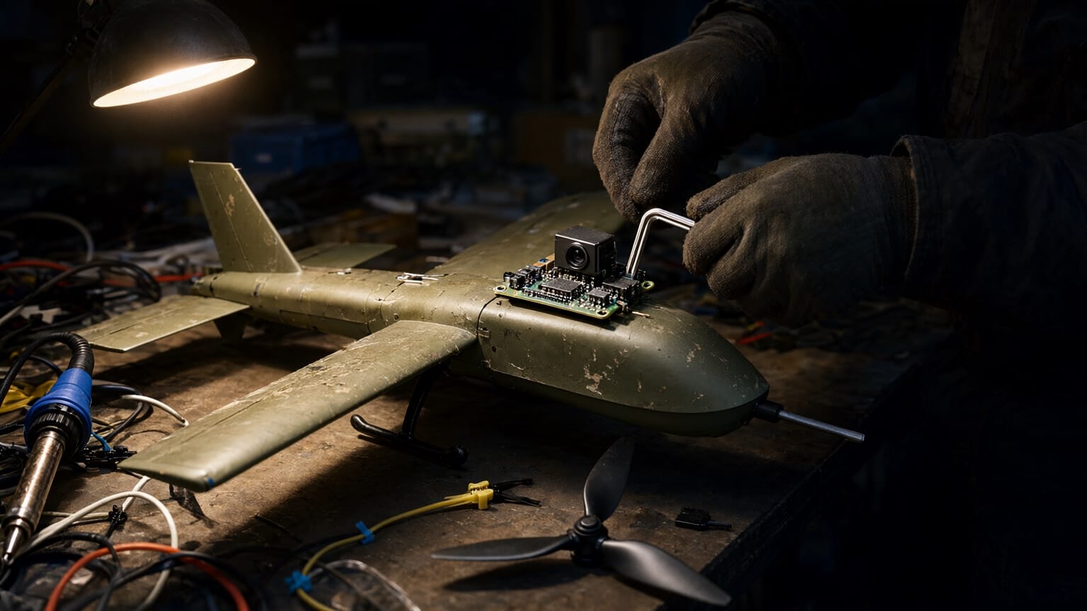 AI illustration of gloved hands fitting a small circuit board and camera module onto the nose of a weathered olive drone on a cluttered workshop bench under a single lamp.