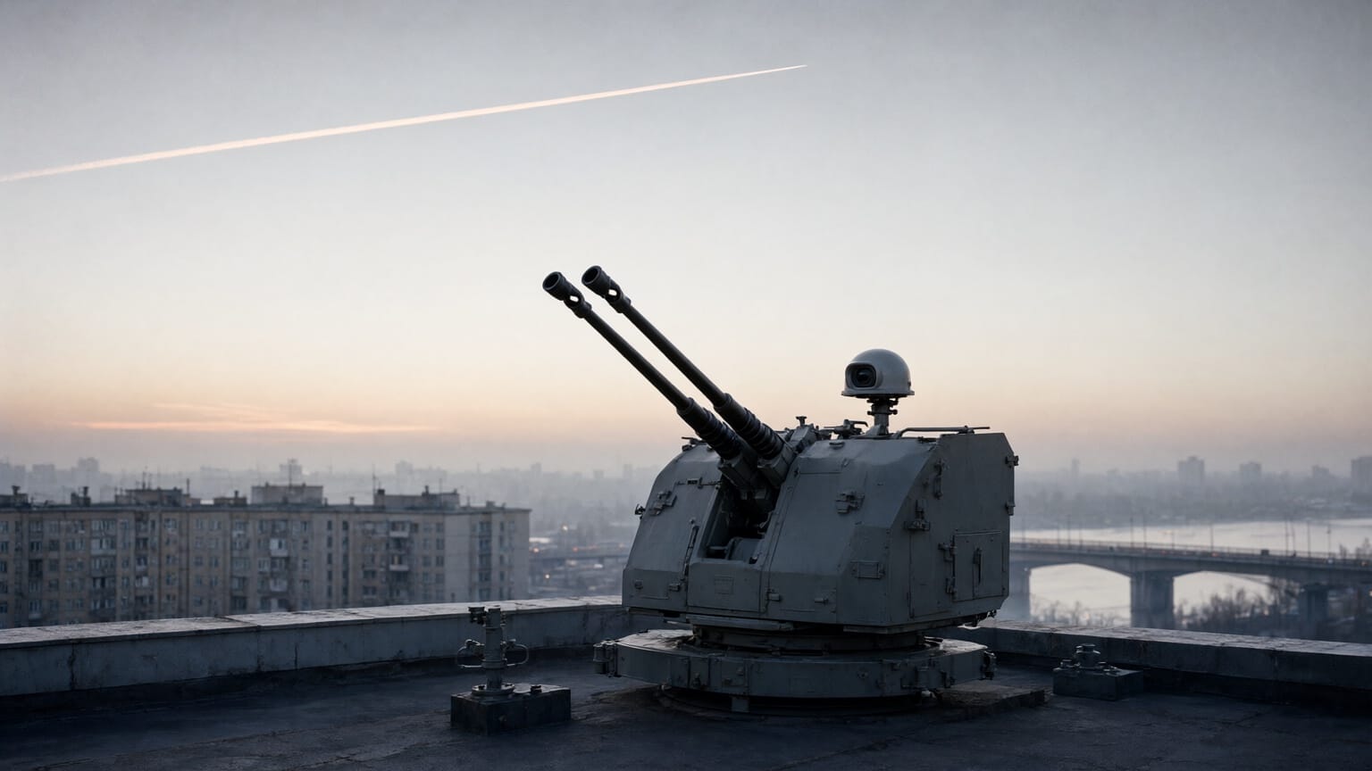 AI illustration of a twin-barrel anti-aircraft gun turret with a camera dome on a flat Kyiv rooftop at first light, barrels raised toward a pale sky crossed by one thin vapor trail.