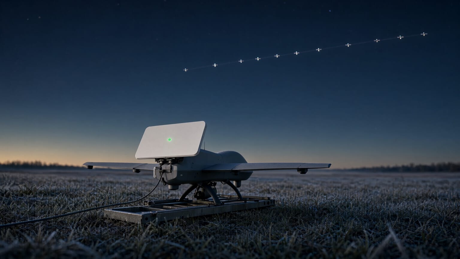 AI illustration of a small grey fixed-wing drone on a metal launch rail in a frosted field before dawn, a white satellite antenna panel with a green status light on its back, while a line of satellites crosses the dark sky above.